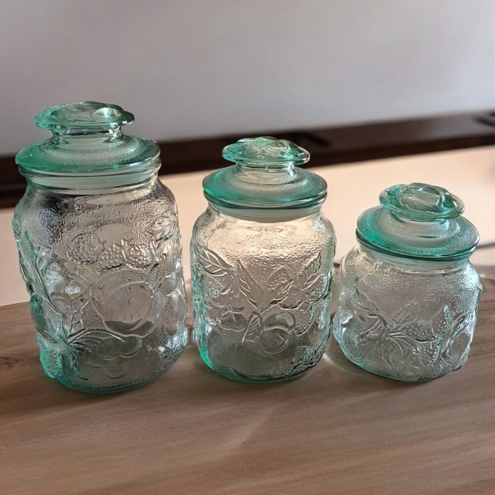 Set Of 3 Libbey Vintage Green Glass Canisters ~ Fruit Design Farmhouse Cottage